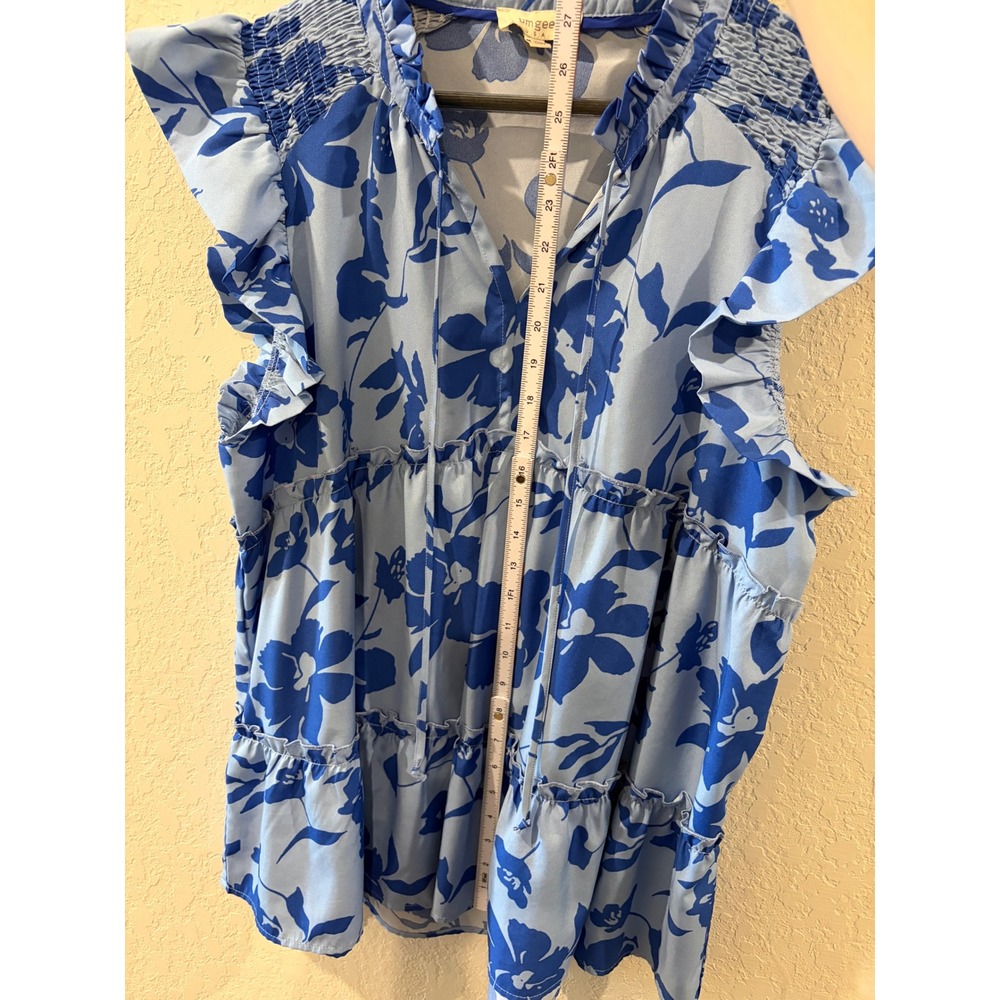 Umgee Floral Tiered Ruffle Sleeveless Blouse Blue XL Smocked V-Neck Top - Picture 6 of 7